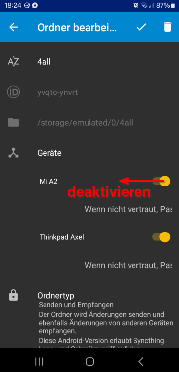 Bild 5: Die Synchronisation mit *Mi A2* aufheben